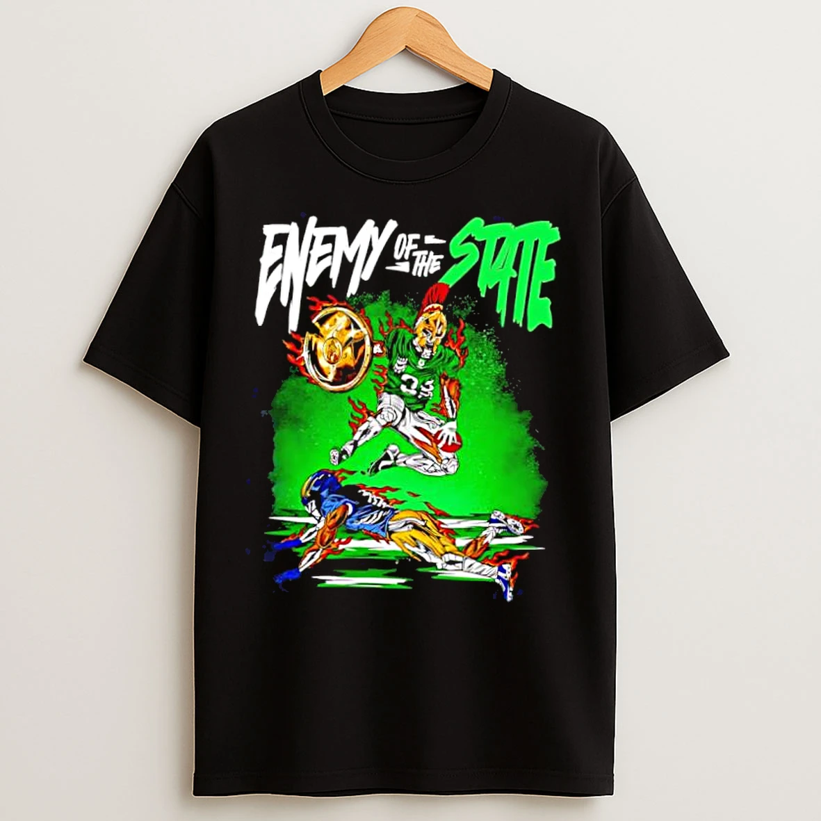 Classic Enemy Of The State Spartan Skeleton Player 32 Tackling Another Football Player On Fire T Shirts
