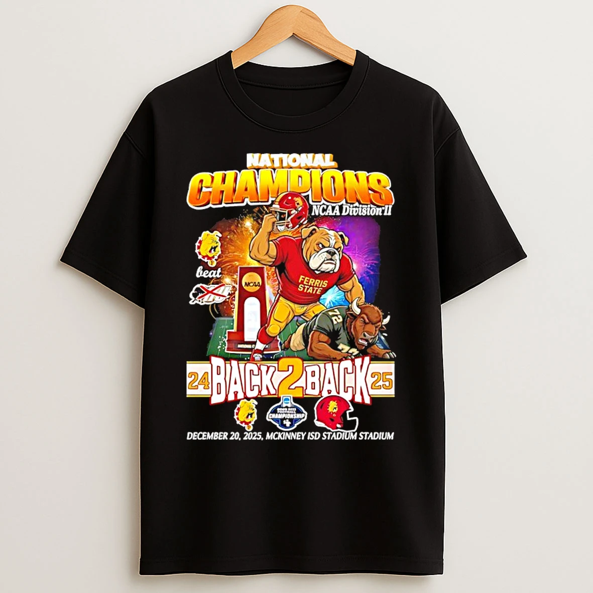 Classic Ferris State Bulldogs National Champions Ncaa Division Ii Back 2 Back 2025 Mascot T Shirts