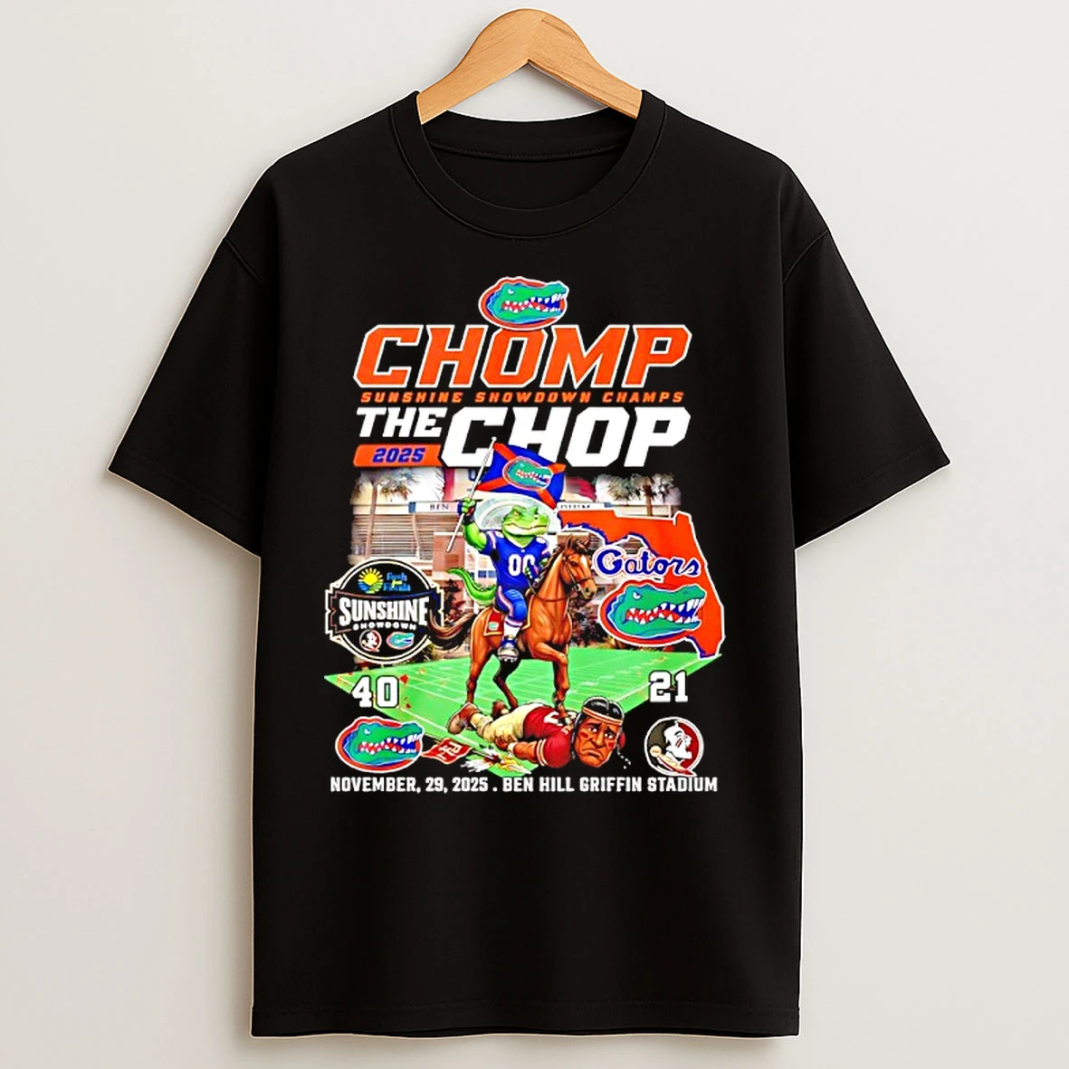 Classic Florida Gator 2025 Chomp Sunshine Showdown Champs The Chop 40 21 Score Mascot T Shirts