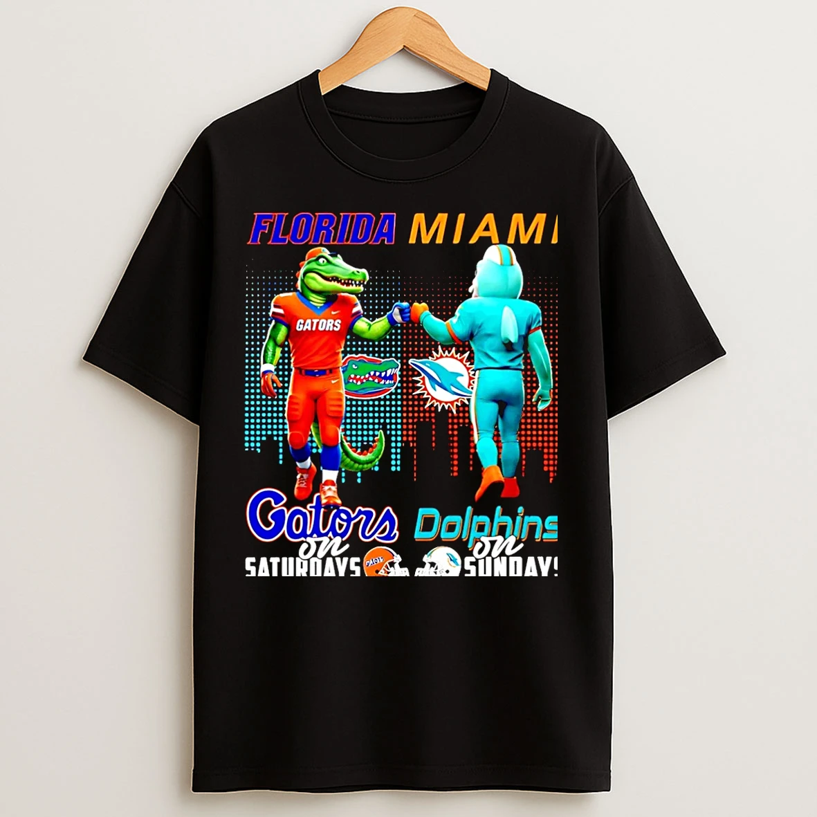 Classic Florida Gators On Saturdays Vs Miami Dolphins On Sundays Mascot Skyline Christmas T Shirts