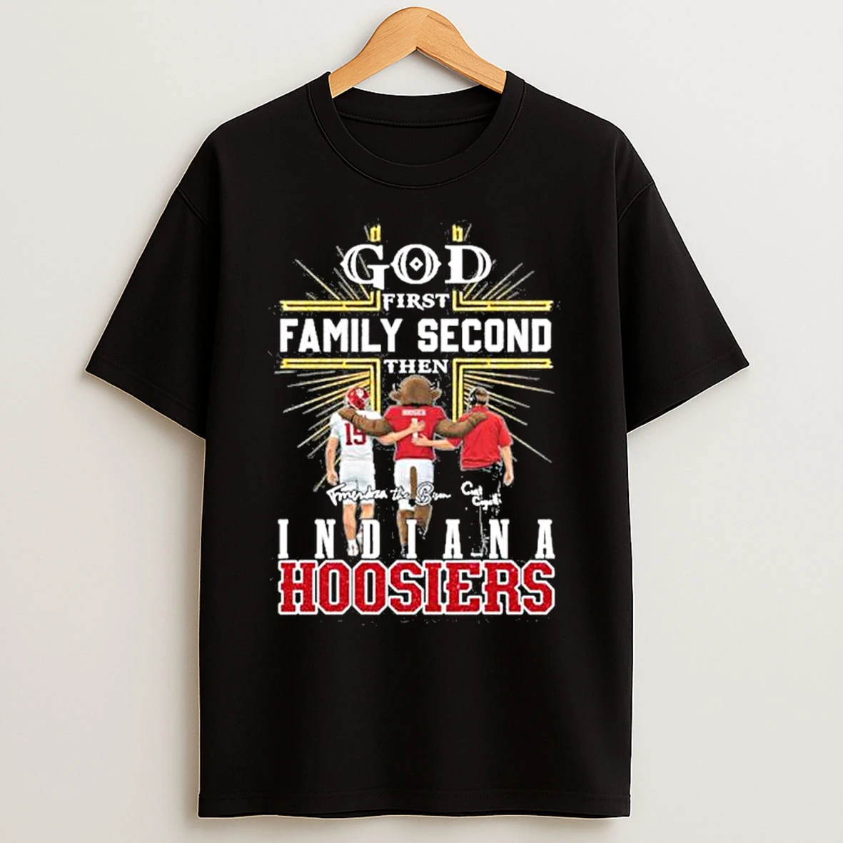 Classic God First Family Second Then Indiana Hoosiers Mascot Fernando Mendoza Curt Cignetti T Shirts