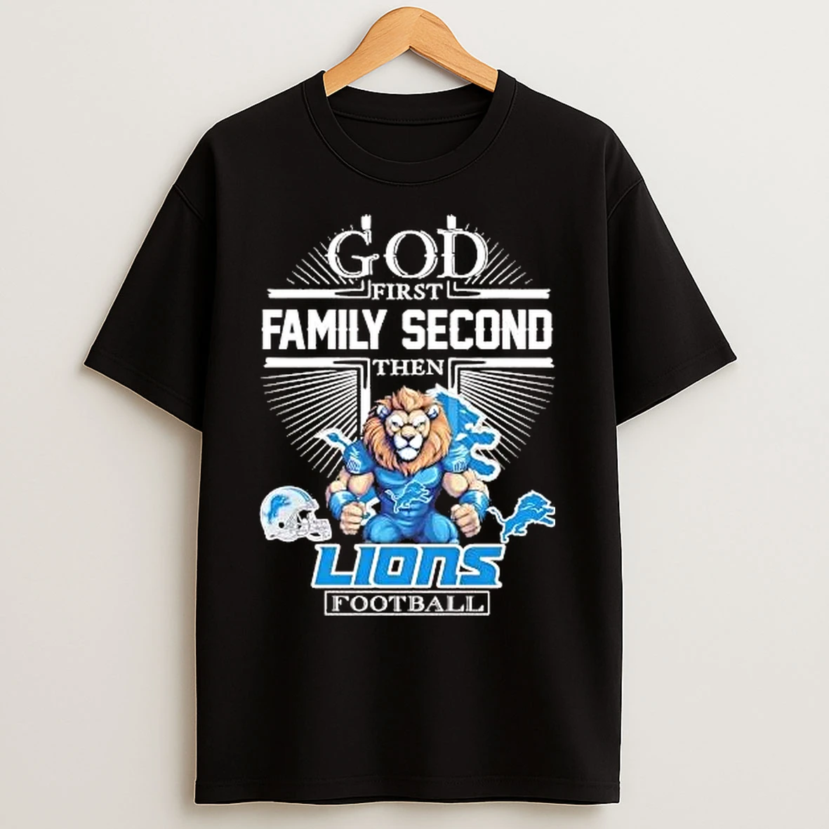 Classic God First Family Second Then Detroit Lions Football Mascot T Shirts