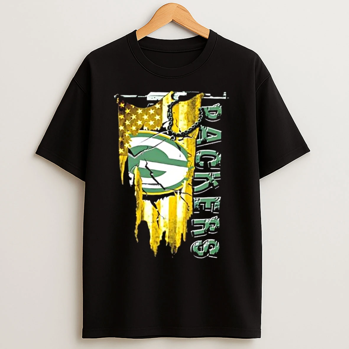 Classic Green Bay Packers Football Battle Shattered Usa Flag Rip Design T Shirts