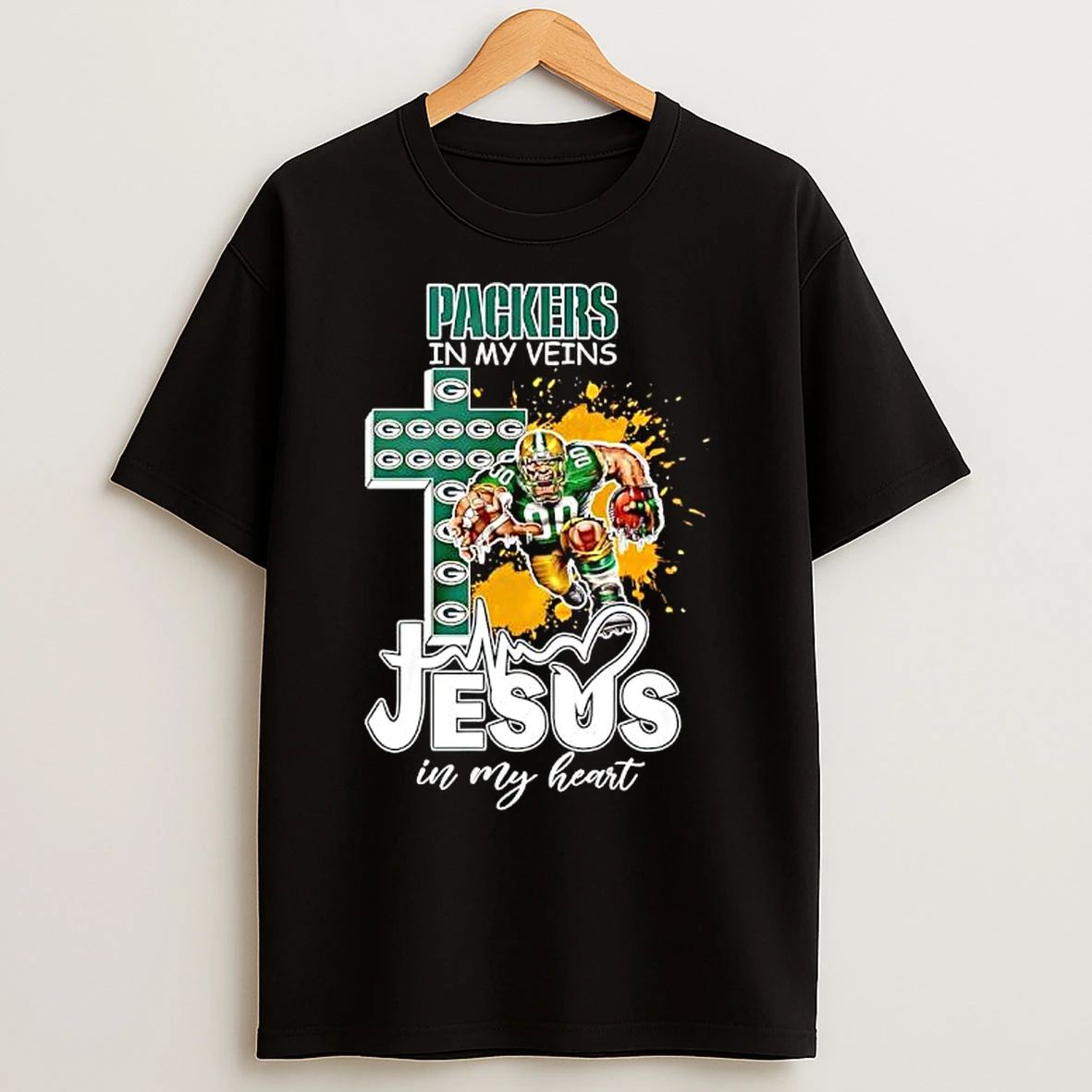 Classic Green Bay Packers In My Veins Jesus In My Heart Features A Football Player Logos Cross T Shirts