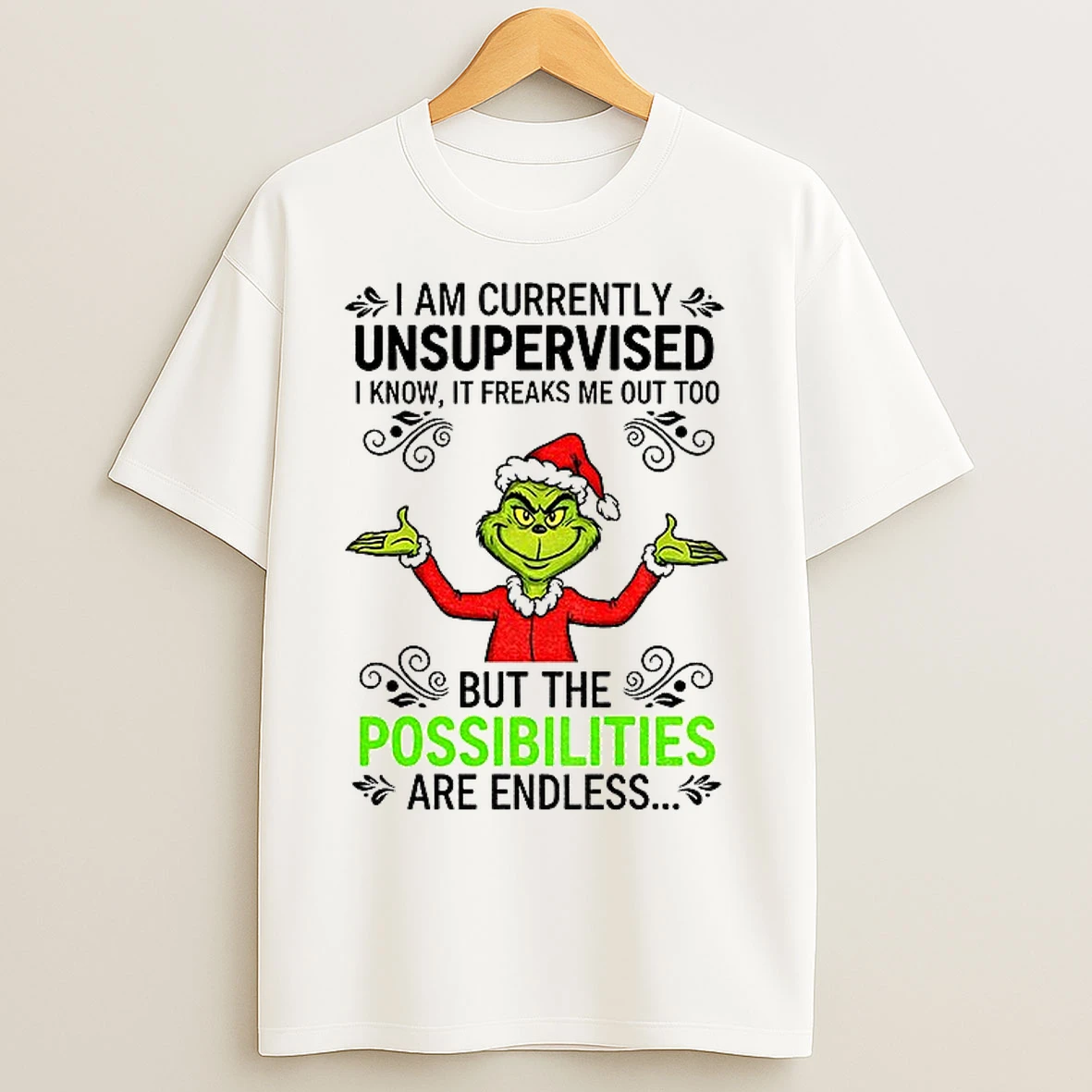 Classic Grinch Santa I Am Currently Unsupervised I Know It Freaks Me Out Too But The Possibilities Are Endless Christmas T Shirts