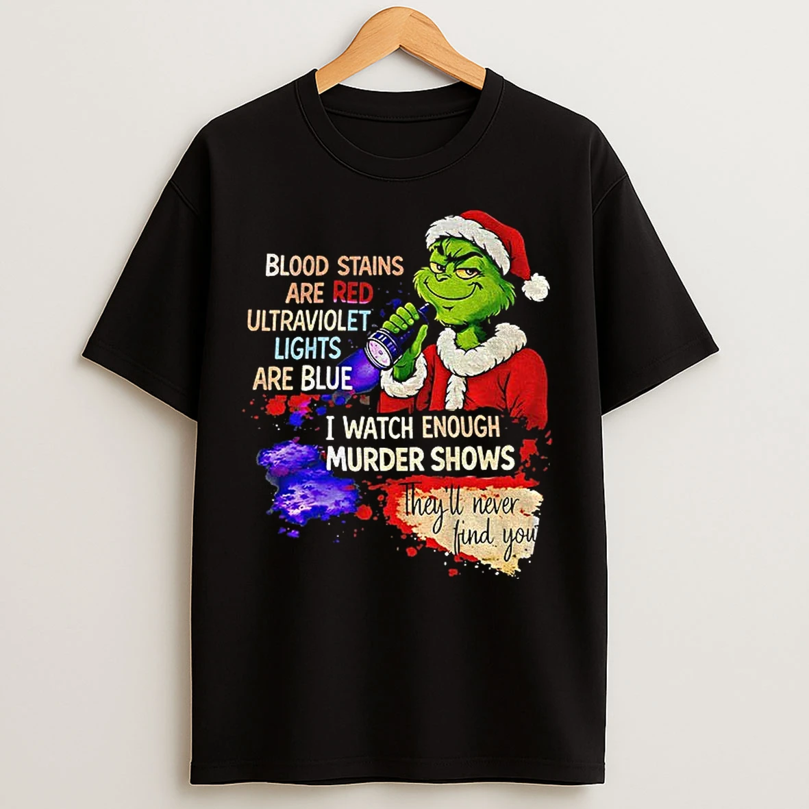 Classic Grinch Santa Blood Stains Are Red Ultraviolet Lights Are Blue I Watch Enough Murder Shows Christmas T Shirts