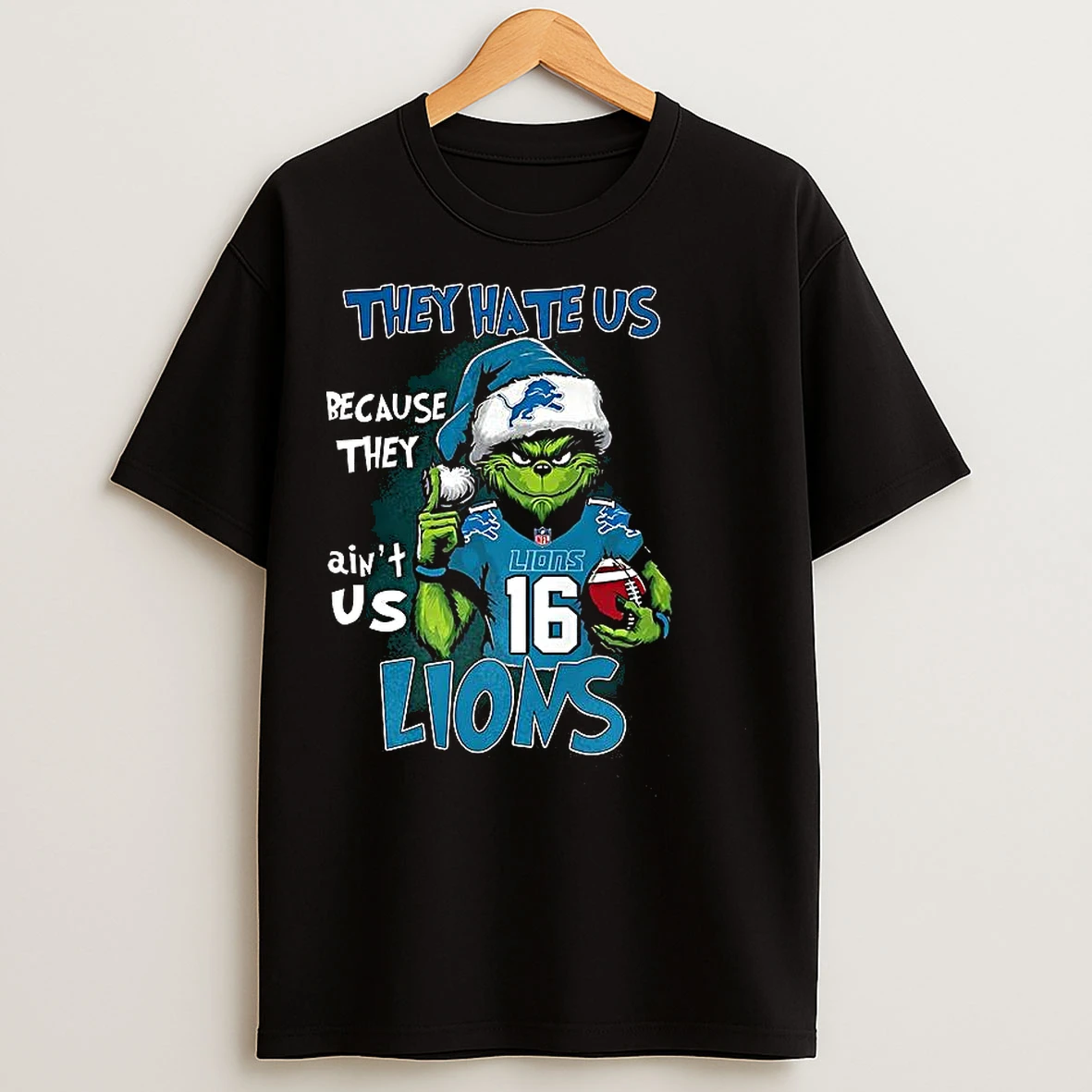 Classic Grinch Santa Hat X Detroit Lions Nfl They Hate Us Because They Aint Us Christmas T Shirts