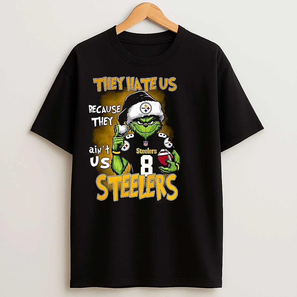 Classic Grinch Santa Hat X Pittsburgh Steelers Nfl They Hate Us Because They Aint Us Christmas T Shirts