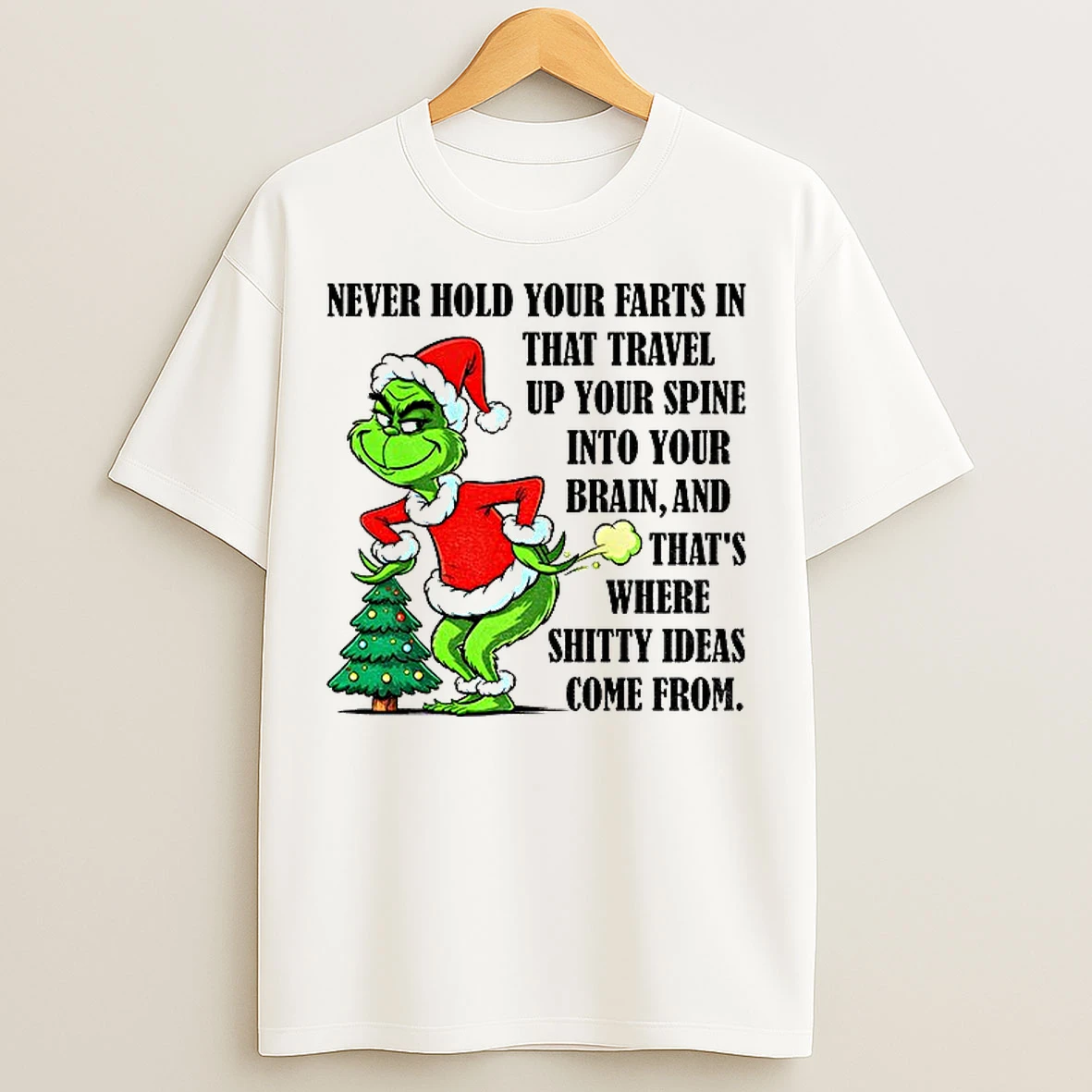 Classic Grinch Santa Hat Never Hold Your Farts In That Travel Up Your Spine Into Your Brain And Thats Christmas T Shirts