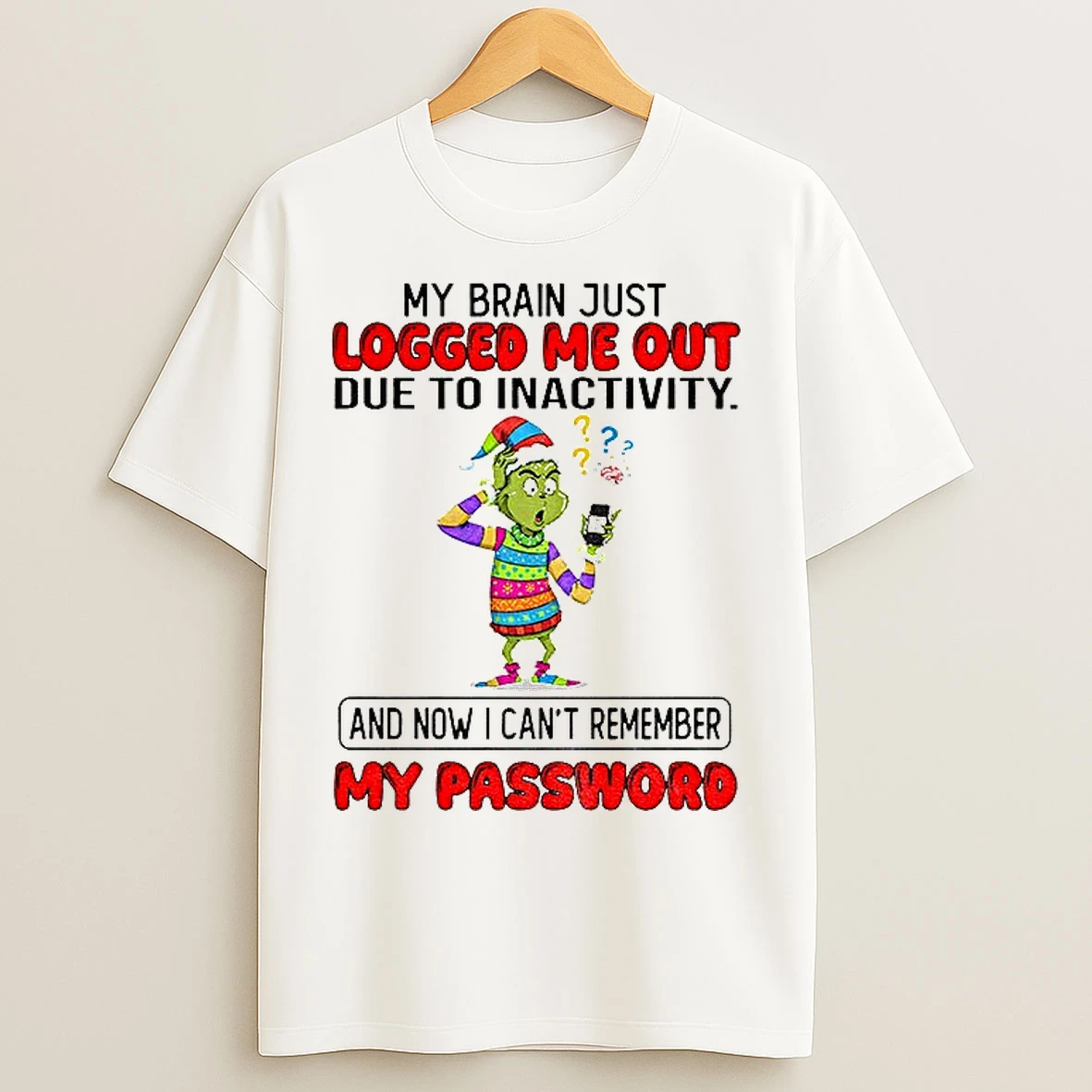 Classic Grinch Santa My Brain Just Logged Me Out Due To Inactivity And Now I Cant Remember Christmas T Shirts