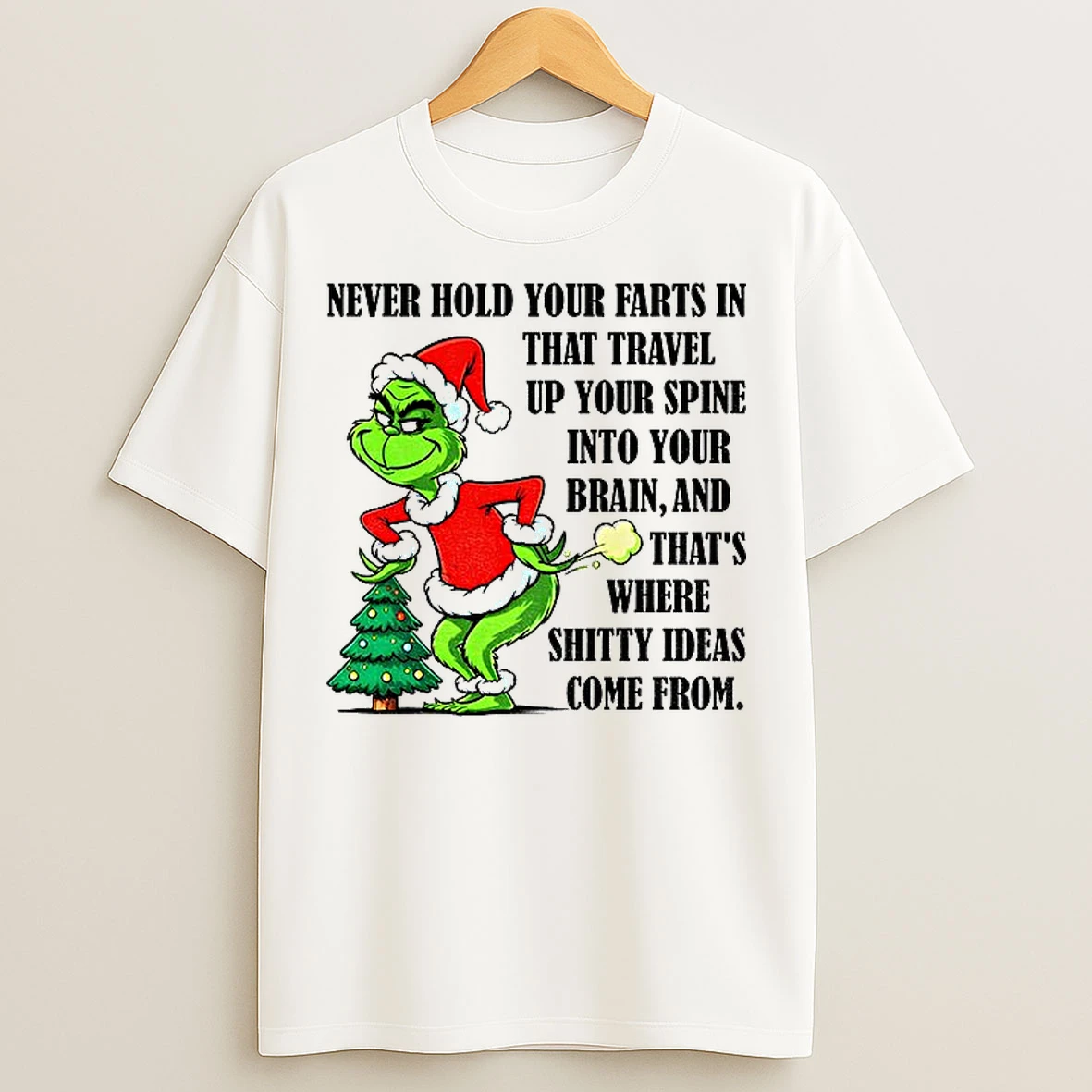 Classic Grinch Santa Never Hold Your Farts In That Travel Up Your Spine Into Your Brain And Thats Where Shitty Ideas Come From Christmas T Shirts