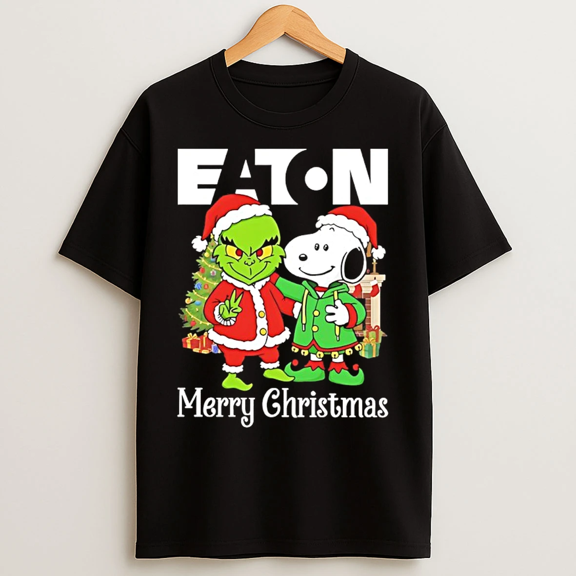 Classic Grinch And Snoopy Santas X Eaton Corporation Merry Christmas T Shirts