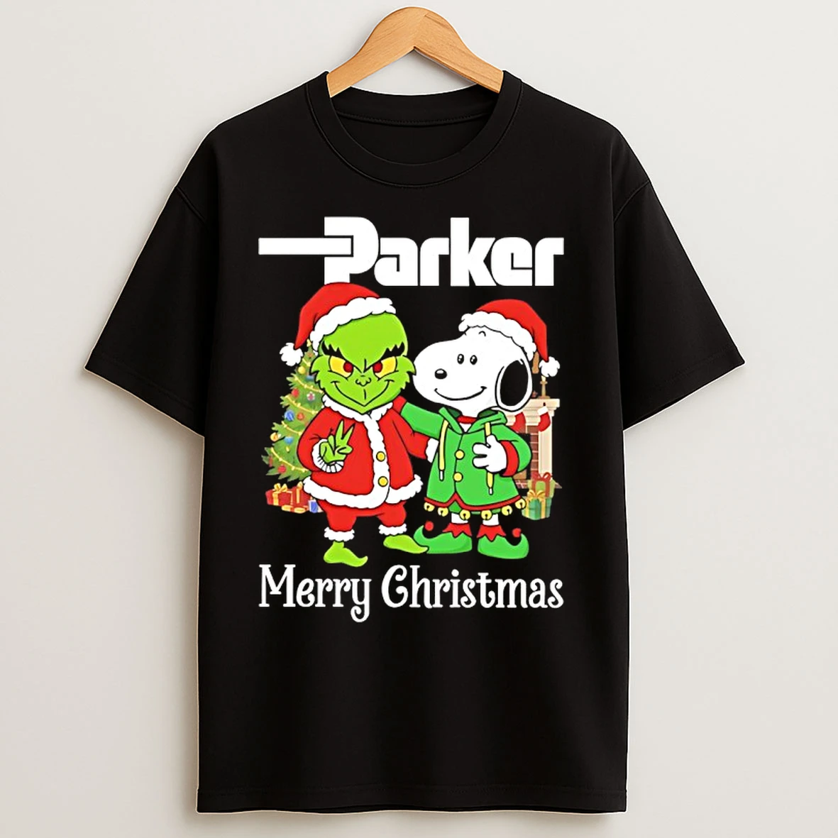 Classic Grinch And Snoopy Santas X Parker Hannifin Merry Christmas T Shirts