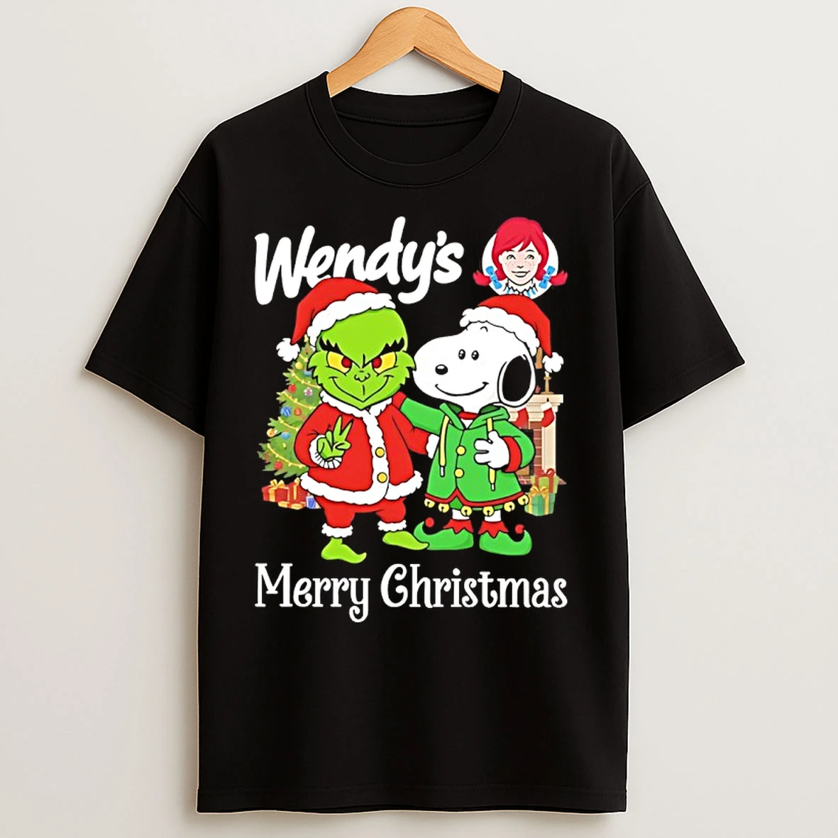 Classic Grinch And Snoopy Santas X Wendys Merry Christmas T Shirts