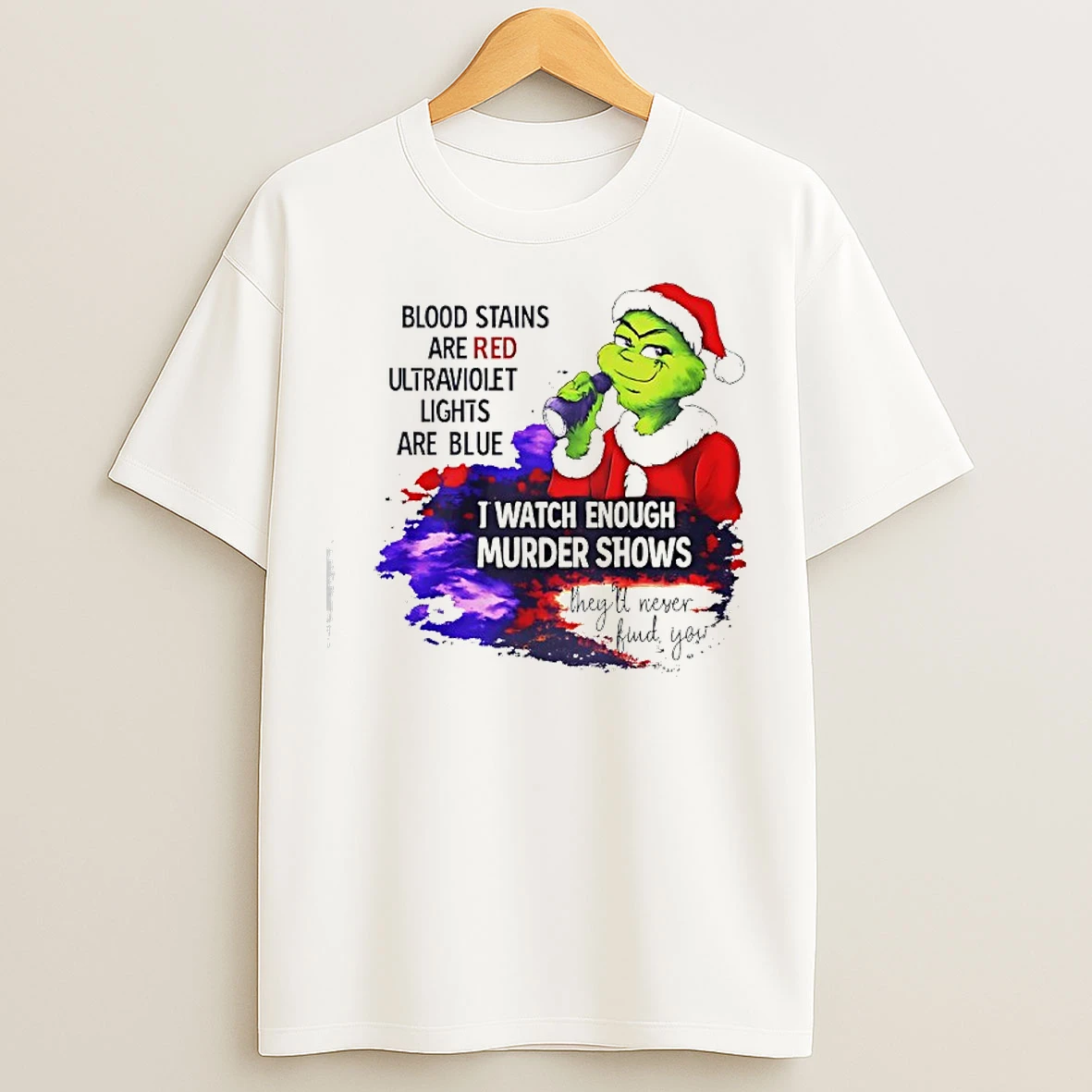 Classic Grinch Blood Stains Are Red Ultraviolet Light Are Blue I Watch Enough Murder Shows T Shirts
