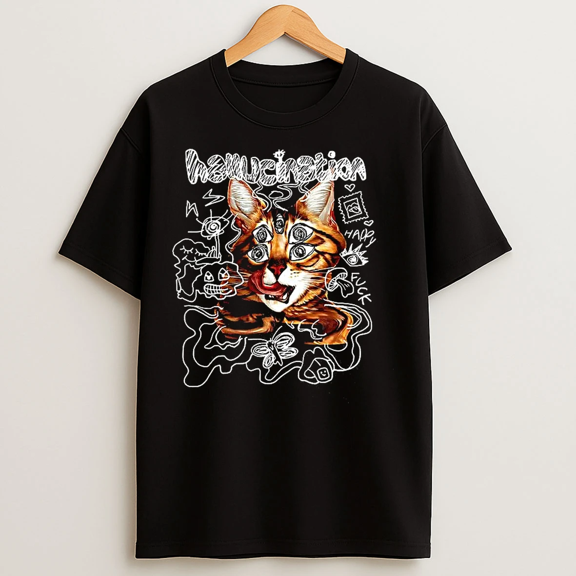 Classic Hallucination Cat With Many Eyes Happy Luck Doodles T Shirts