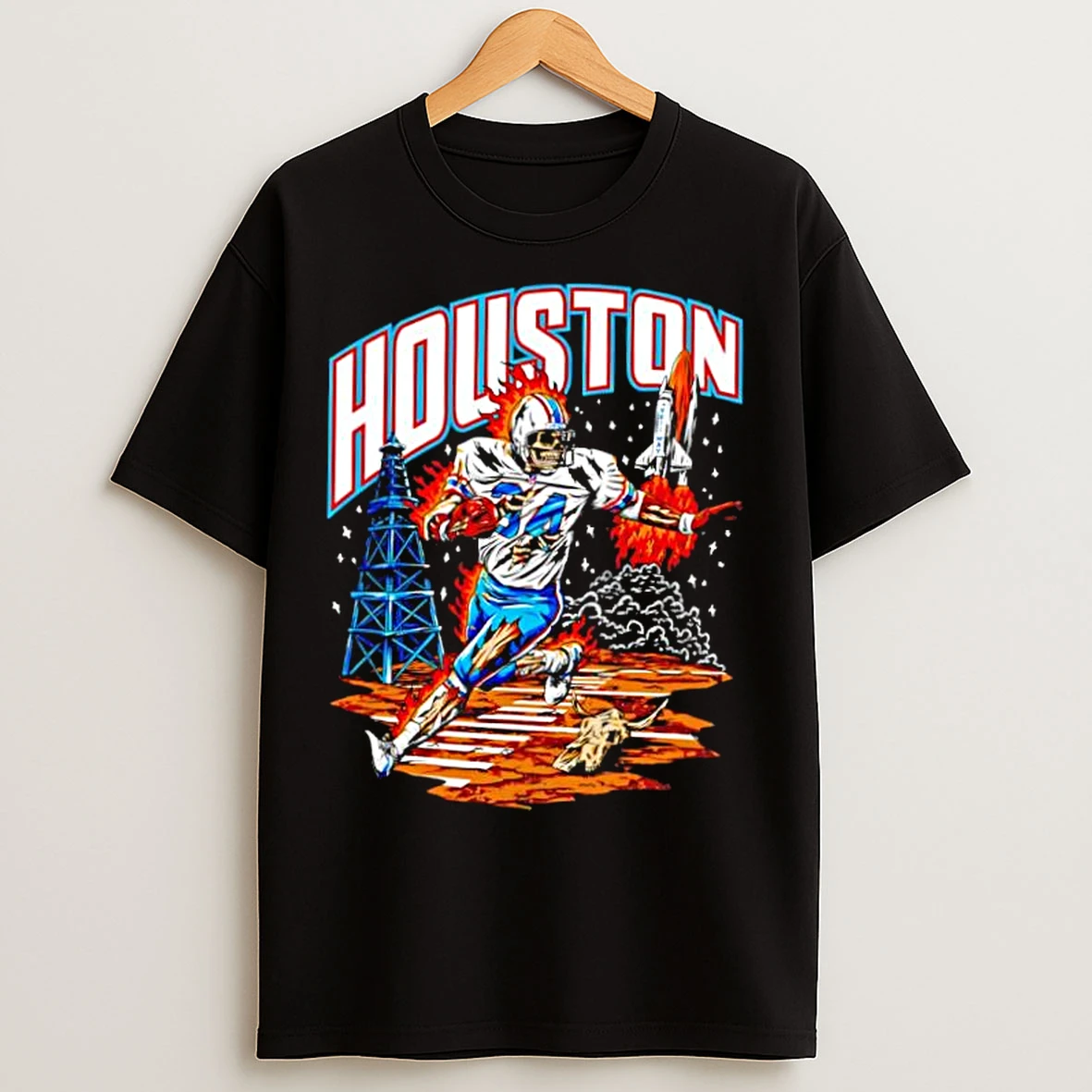 Classic Houston Oil Derricks Space Shuttle Skeleton Football Player 34 Running On Fire T Shirts