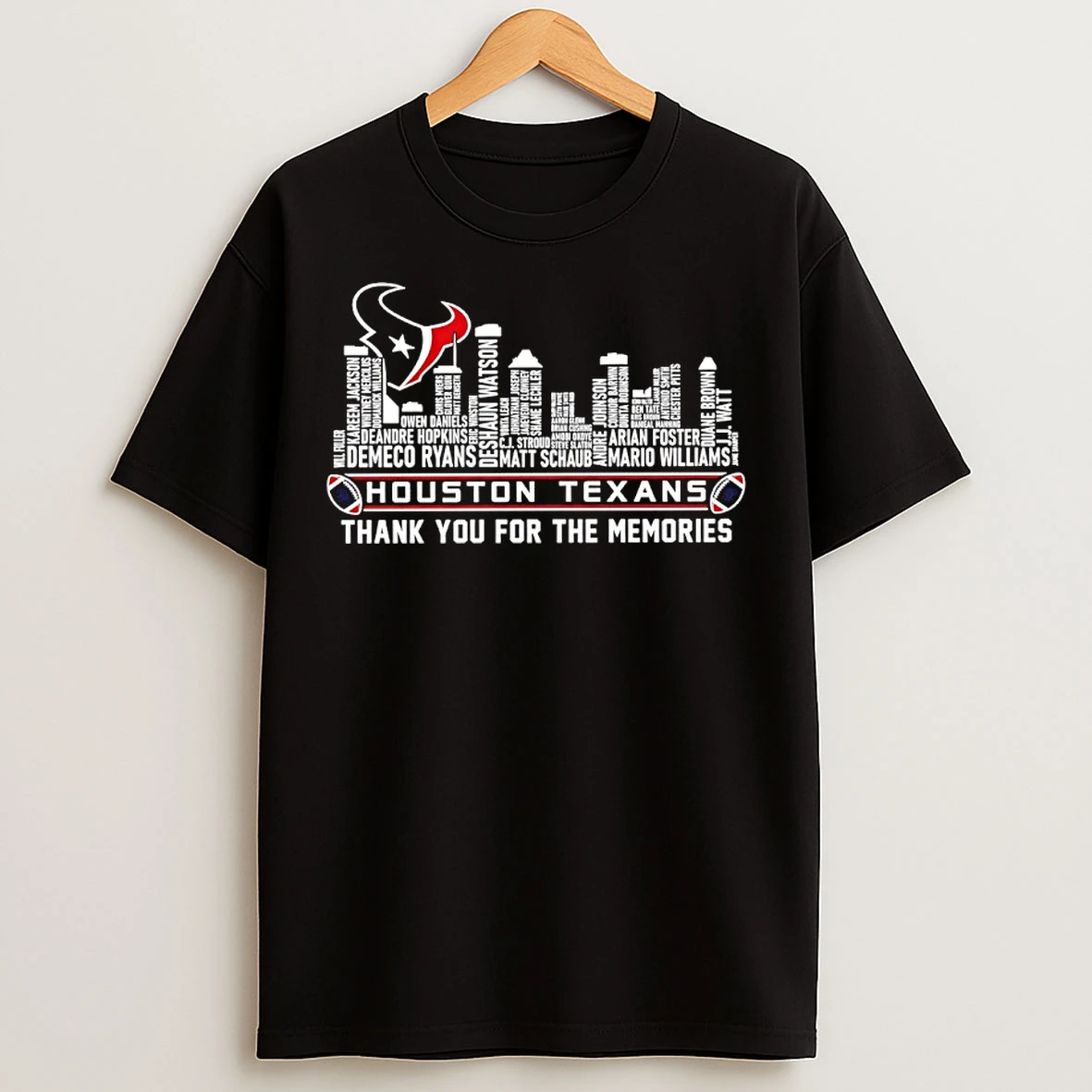 Classic Houston Texans Players Names City Skyline Thank You For The Memories T Shirts