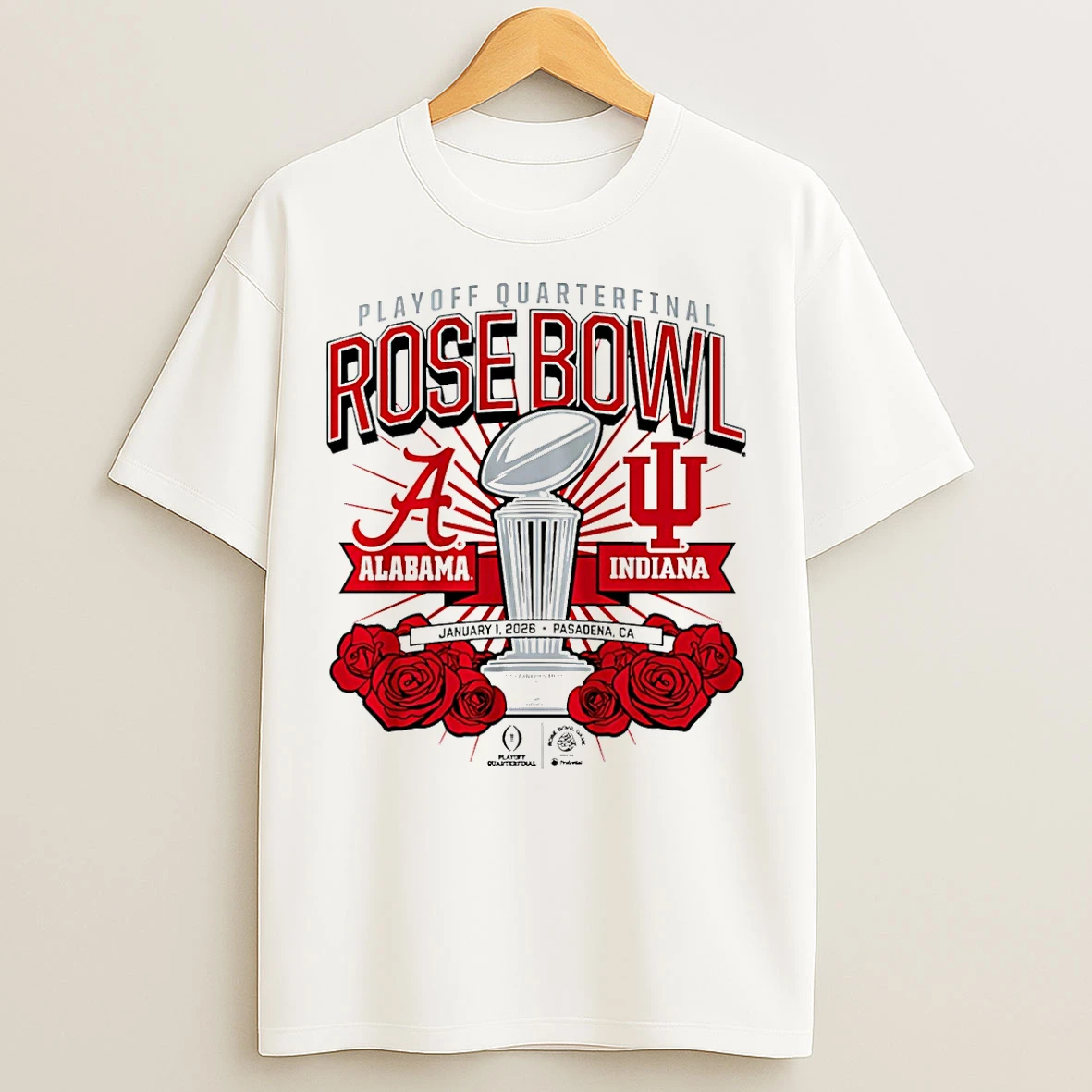 Classic Indiana Hoosiers And Alabama Crimson Tide 2025 Cfp Rose Bowl Matchup Trophy T Shirts