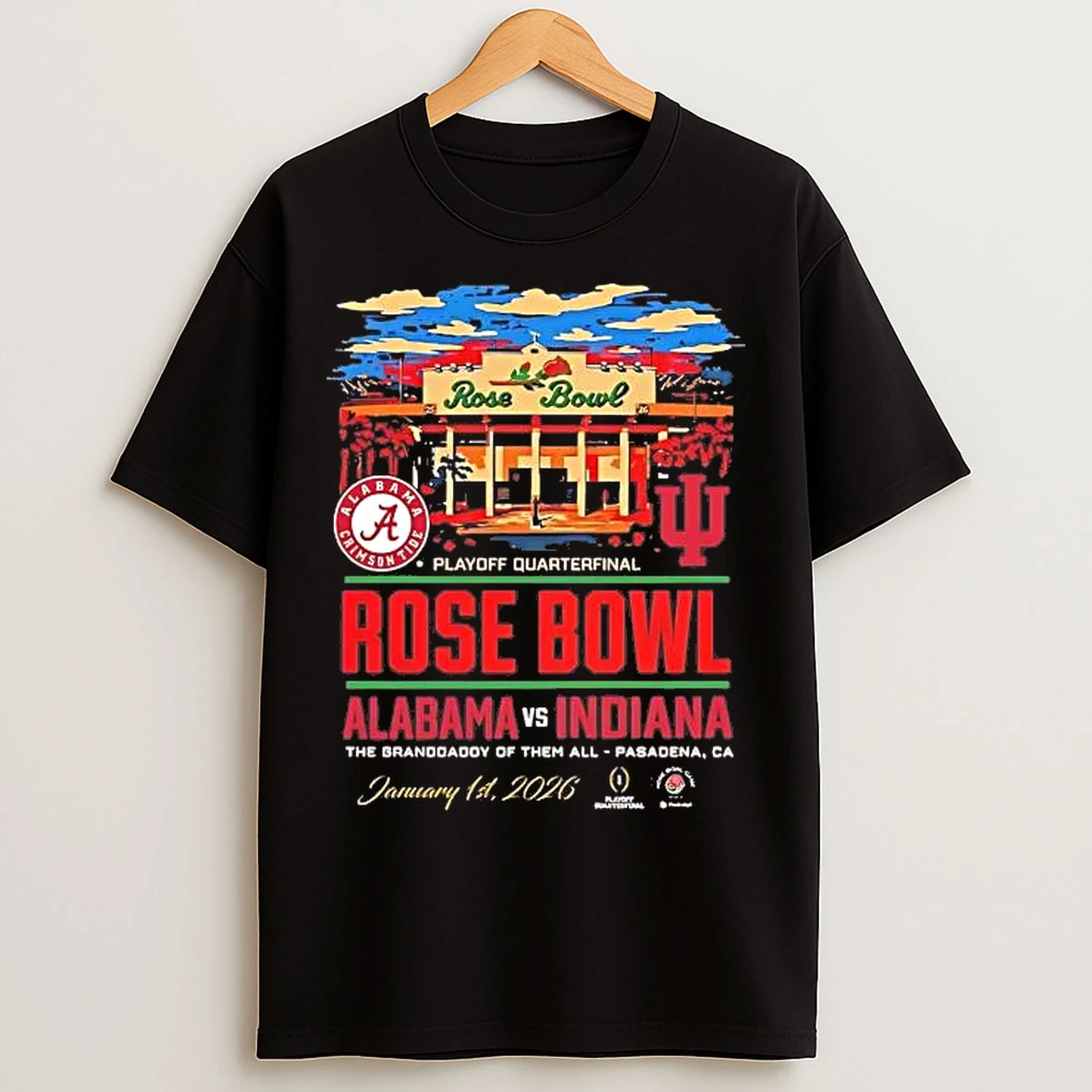 Classic Indiana Hoosiers Vs Alabama Crimson Tide 2026 Rose Bowl Stadium Matchup T Shirts