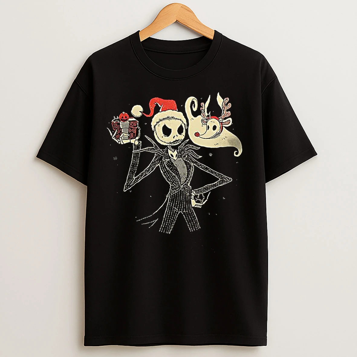 Classic Jack Skellington Santa Hat And Zero The Nightmare Before Christmas T Shirts