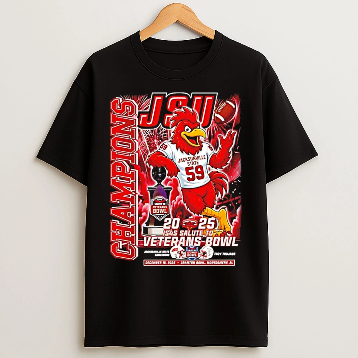 Classic Jacksonville State Gamecocks 2025 Veterans Bowl Champions Mascot Score T Shirts