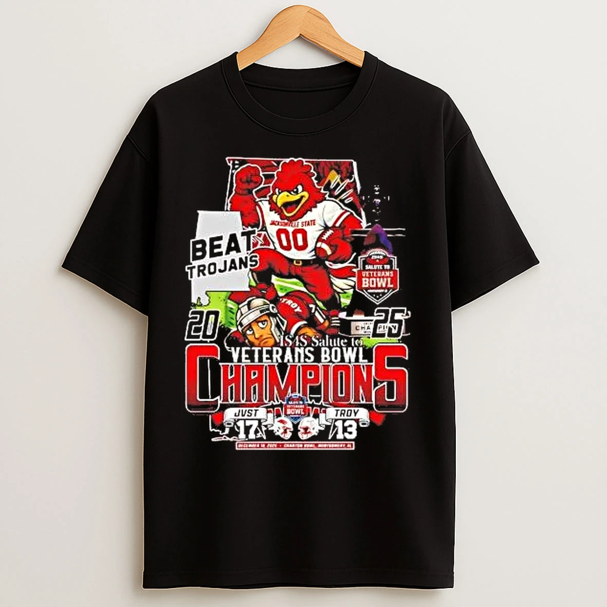 Classic Jacksonville State Gamecocks 2025 Veterans Bowl Champions Beat Trojans Mascot T Shirts