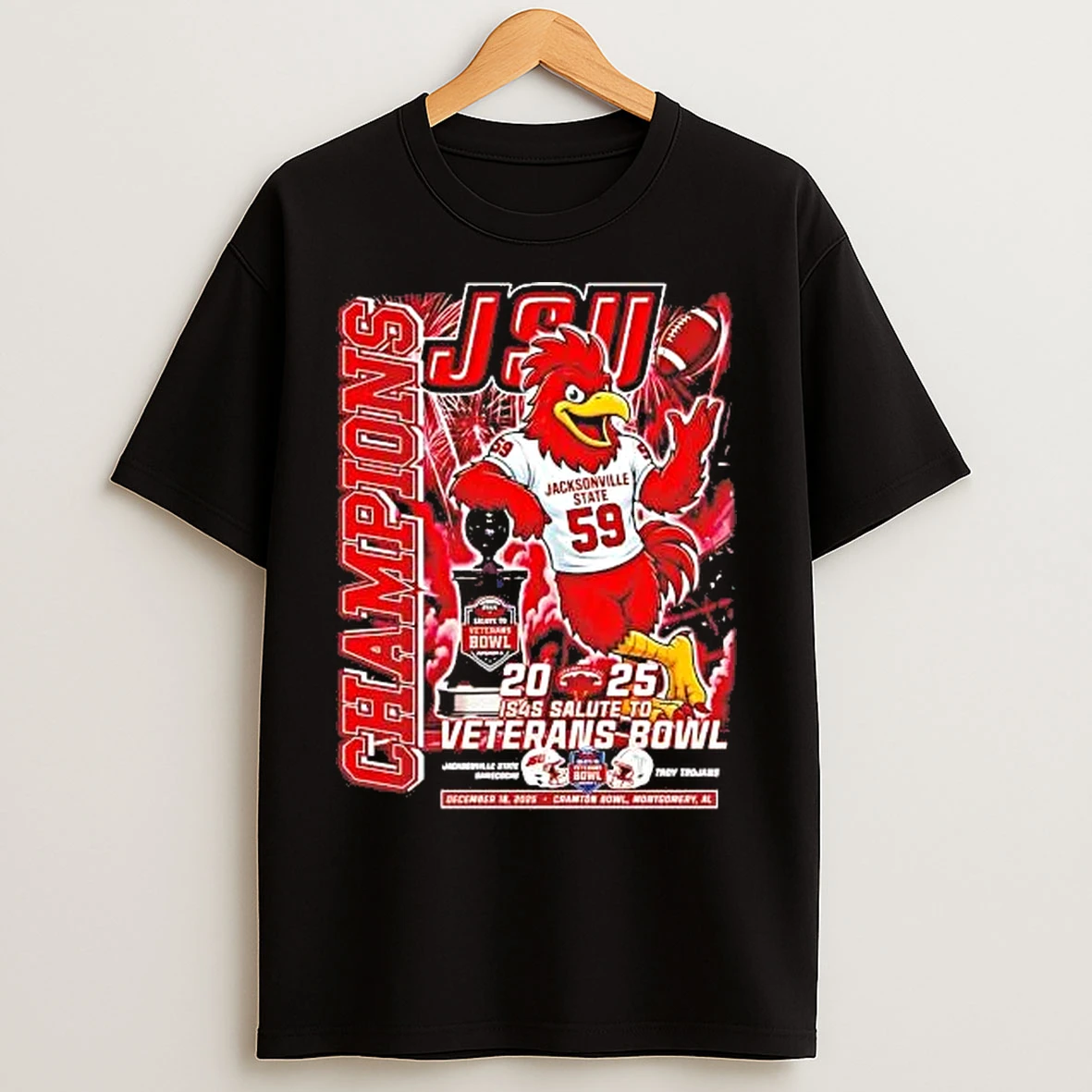 Classic Jacksonville State Gamecocks 2025 Veterans Bowl Champions Mascot Trophy T Shirts