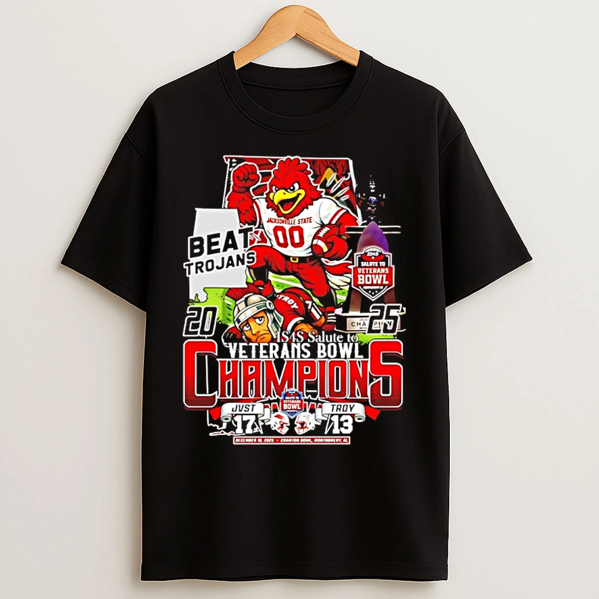 Classic Jacksonville State Gamecocks Beat Trojans 2025 Veterans Bowl Champions Mascot T Shirts