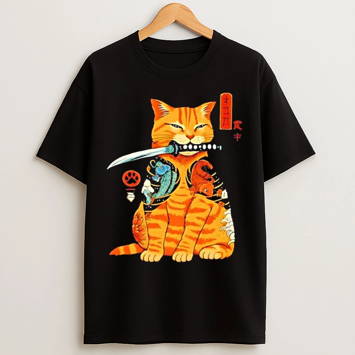 Classic Japanese Samurai Ninja Cat Kawaii Anime T Shirts