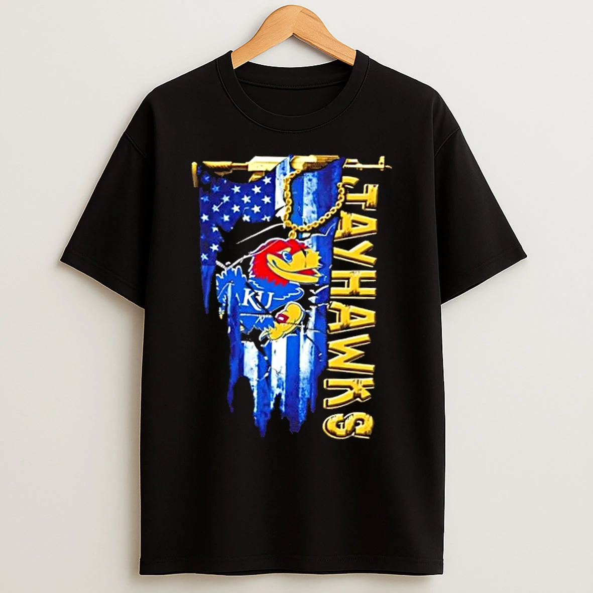 Classic Kansas Jayhawks Football Battle Shattered Usa Flag Rip Design T Shirts