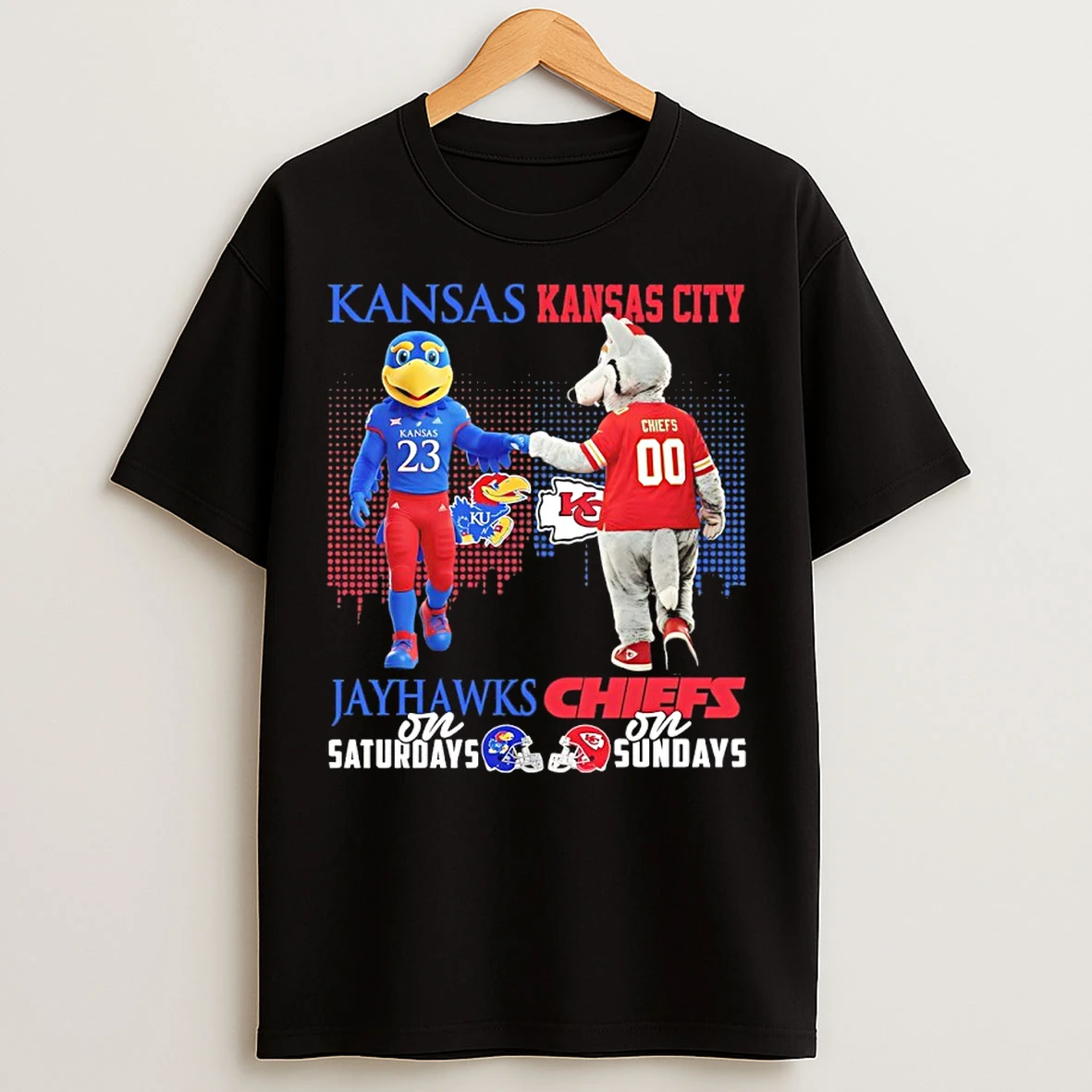 Classic Kansas Jayhawks On Saturday And Kansas City Chiefs On Sundays Skyline Mascot T Shirts
