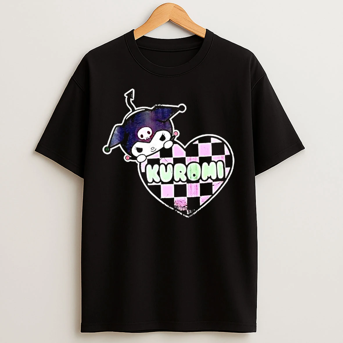 Classic Kuromi Pink And Black Checkered Heart Cartoon T Shirts