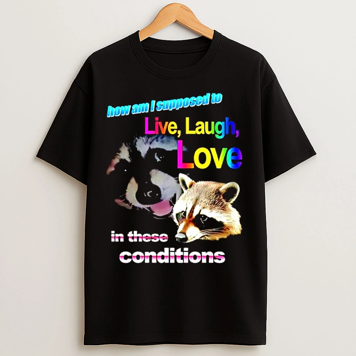 Classic Live Laugh Love Raccoon Rainbow Graphic T Shirts