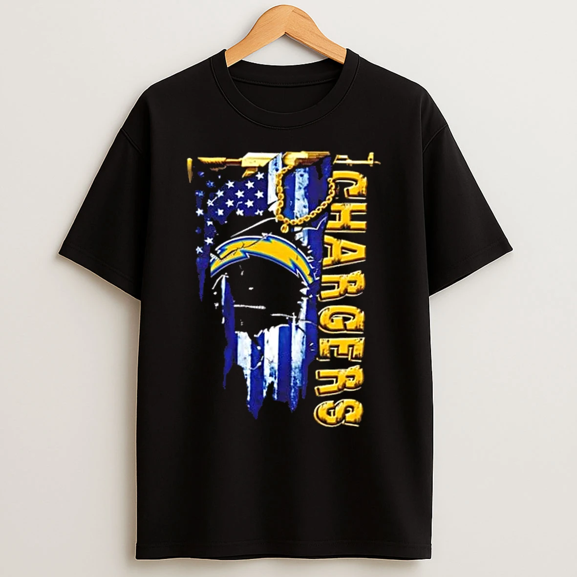 Classic Los Angeles Chargers Football Battle Shattered Usa Flag Rip Design T Shirts