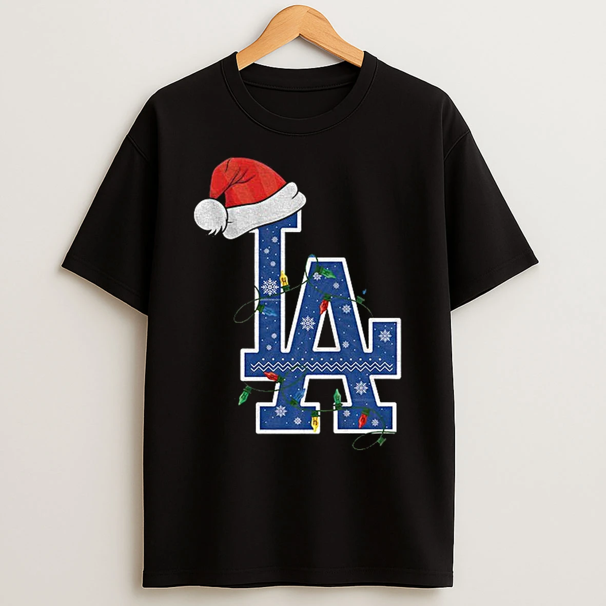 Classic Los Angeles Dodgers Santa Hat Christmas Lights Mlb Baseball 2025 T Shirts