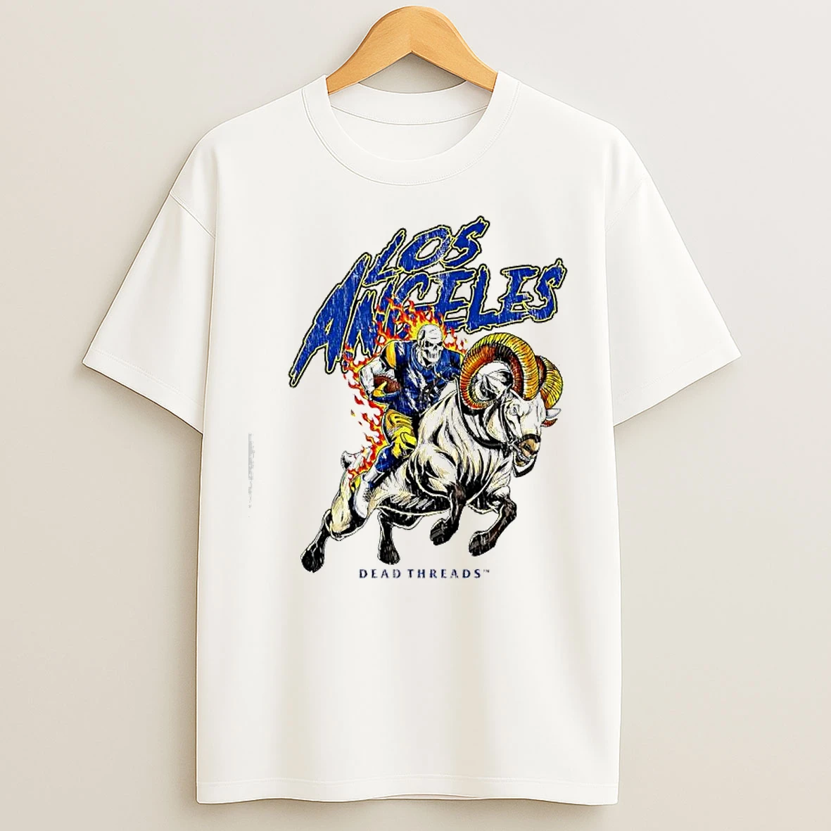 Classic Los Angeles Rams Dead Threads Apparel Skull Face Riding Ram Mascot Graphic T Shirts