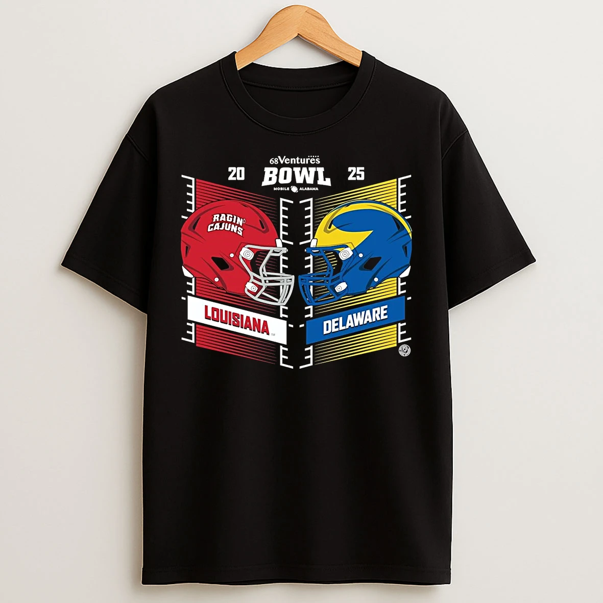 Classic Louisiana Ragin Cajuns Vs Delaware Blue Hens 2025 68 Ventures Bowl Head To Head T Shirts