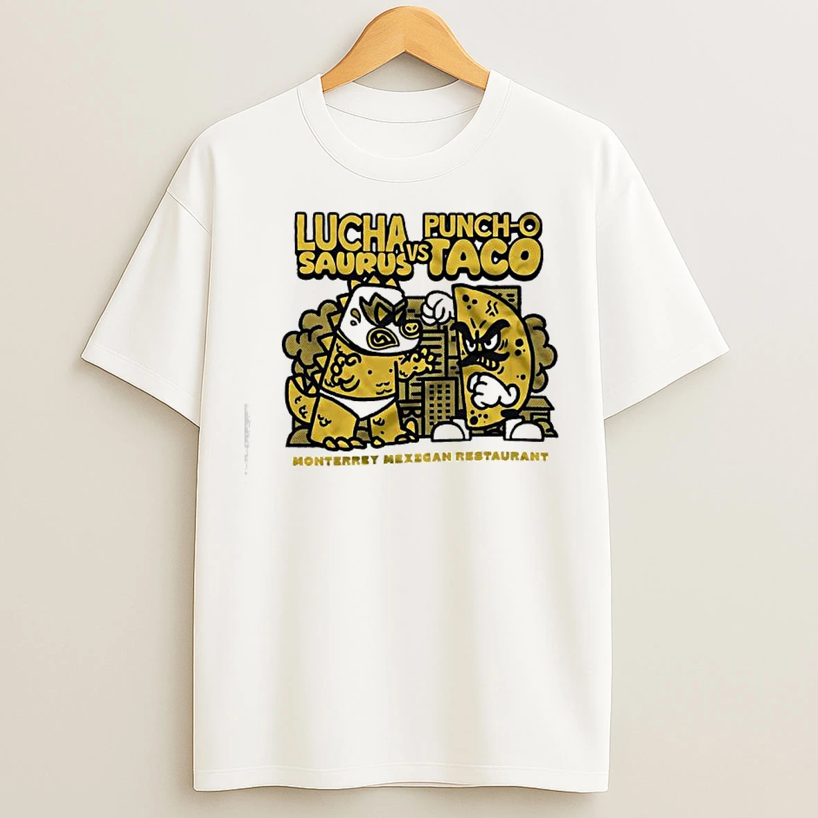 Classic Lucha Punch O Saurus Vs Taco Monterrey Mexican Restaurant Graphic T Shirts