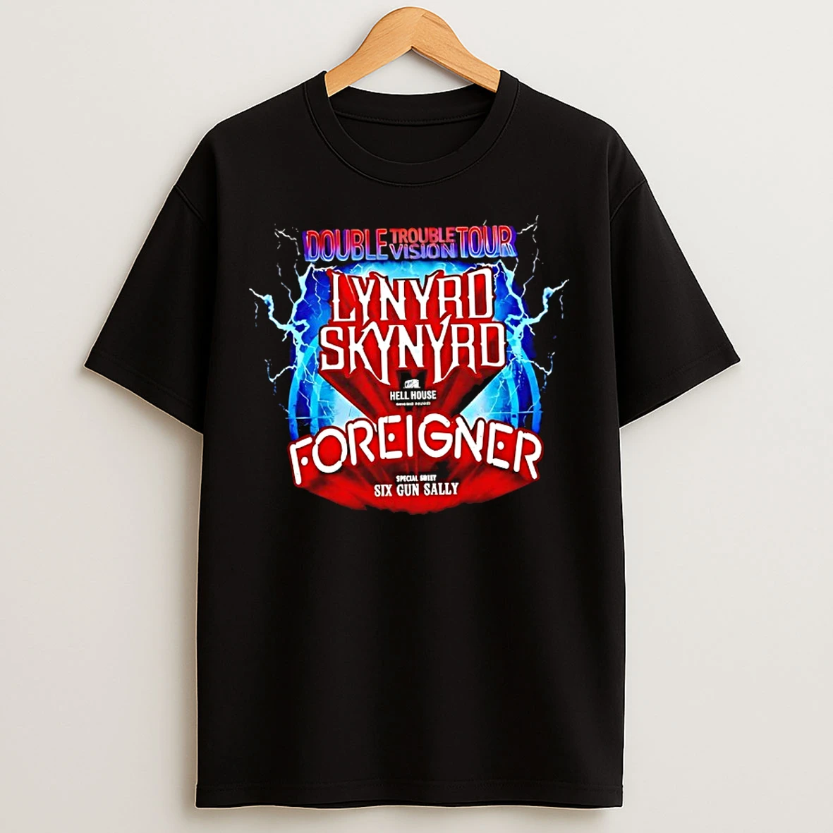 Classic Lynyrd Skynyrd Foreigner Double Trouble Vision Tour Hell House Six Gun Sally T Shirts