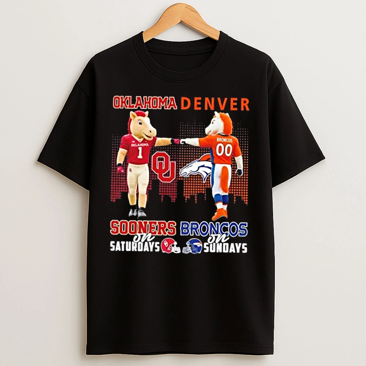 Classic Mascots Oklahoma Sooners On Saturdays X Denver Broncos On Sundays Skyline T Shirts