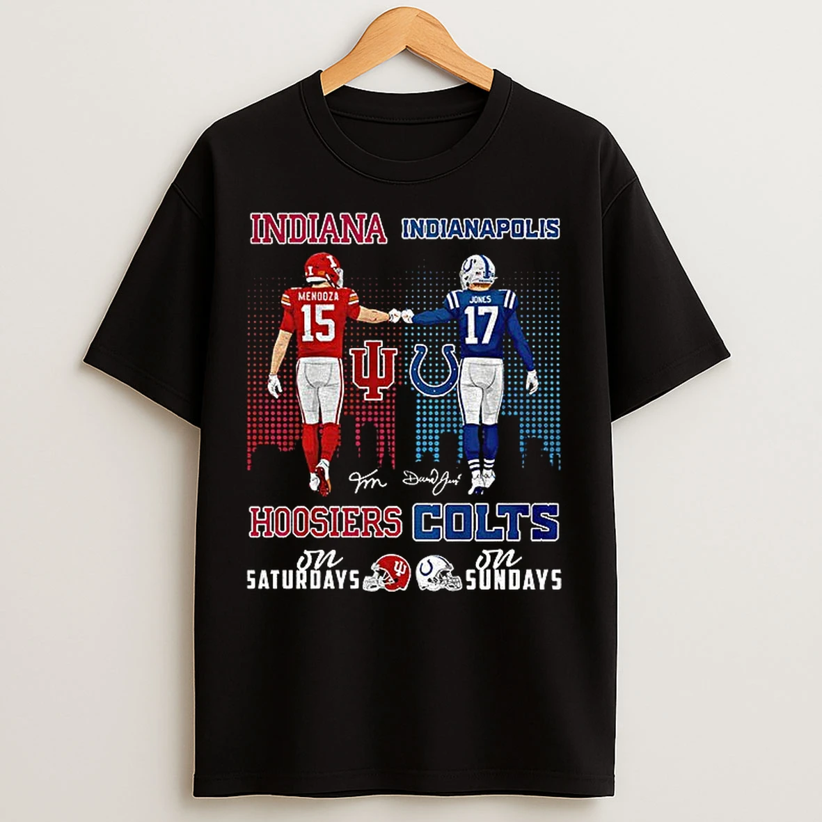Classic Mendoza Indiana Hoosiers On Saturdays And Jones Indianapolis Colts On Sundays Signature T Shirts