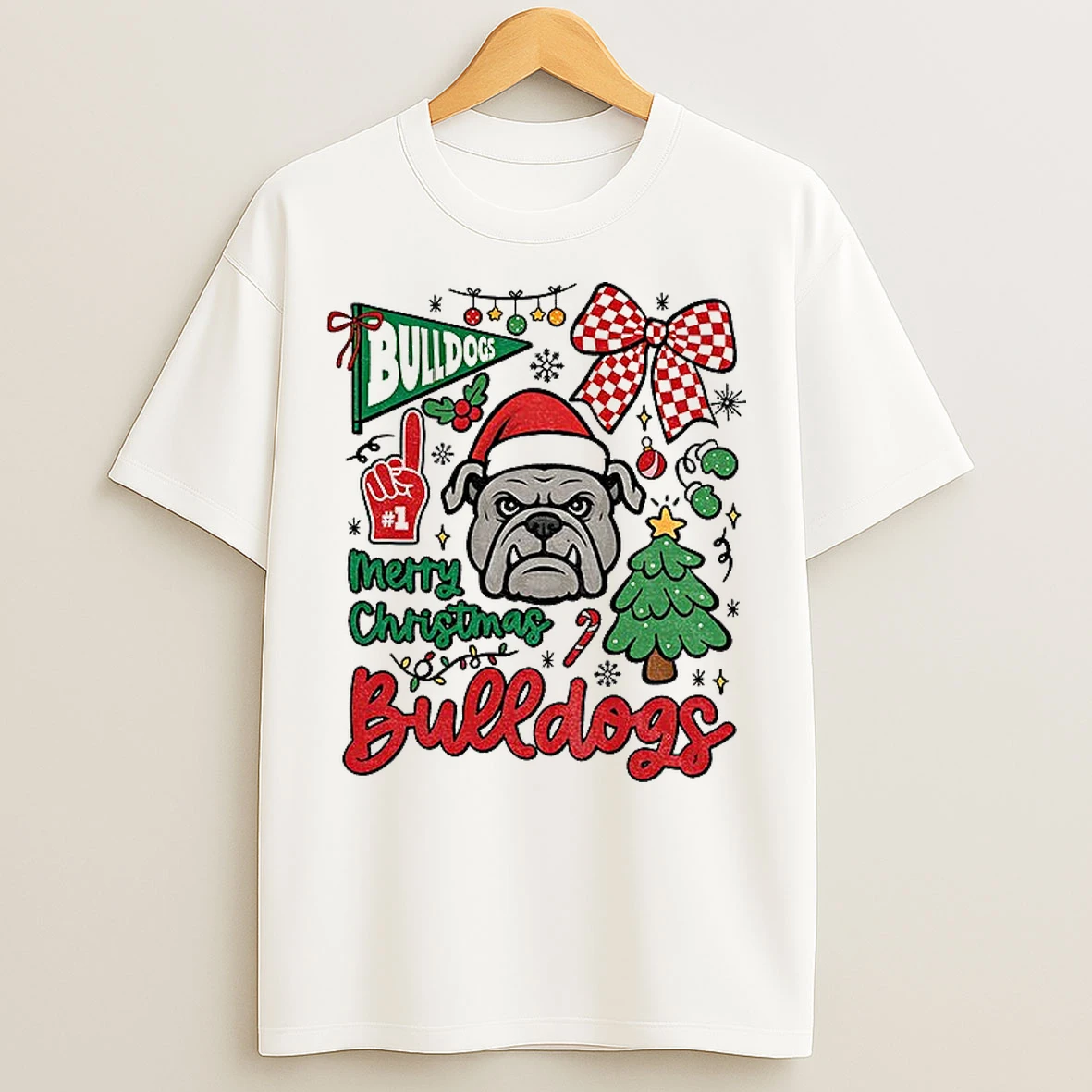 Classic Merry Christmas Georgia Bulldogs Game Day Mascot Festive Checkerboard Bow T Shirts