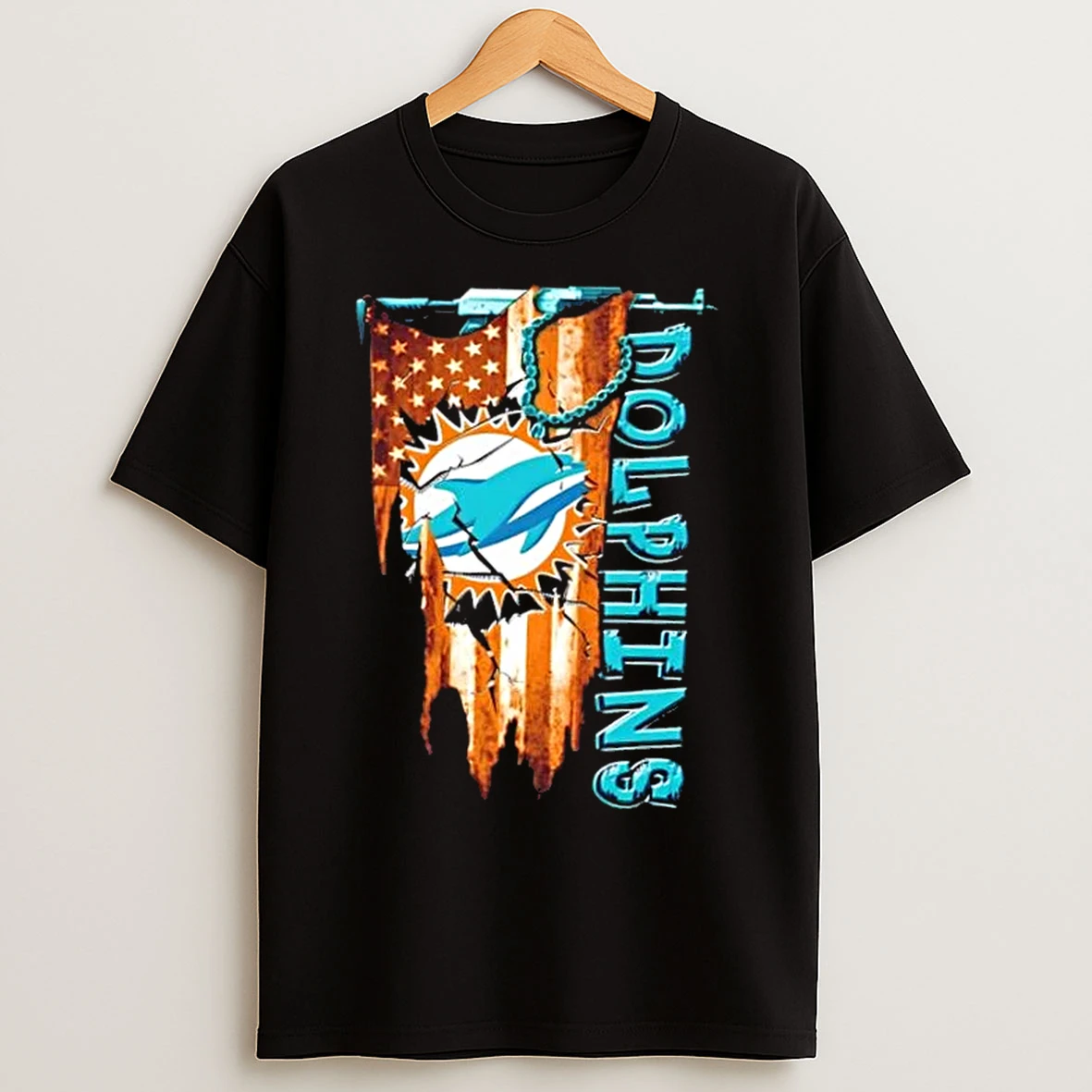 Classic Miami Dolphins Football Battle Shattered Usa Flag Rip Design T Shirts
