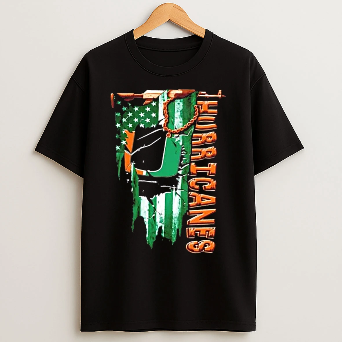 Classic Miami Hurricanes Football Battle Shattered Usa Flag Rip Design T Shirts
