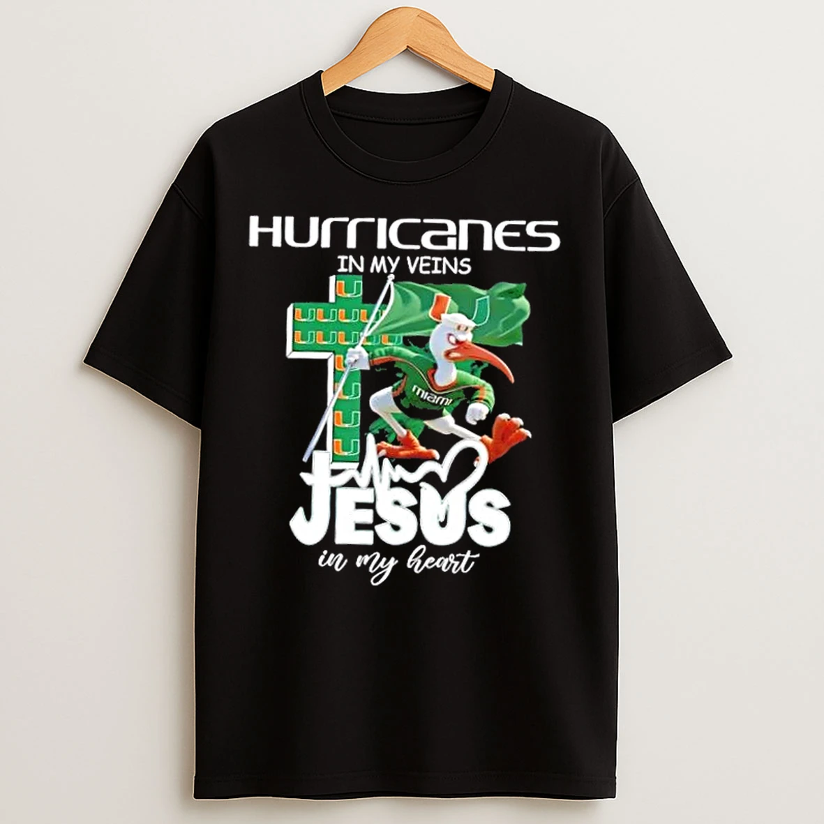 Classic Miami Hurricanes Mascot Hold Flag In My Veins Jesus In My Heart T Shirts