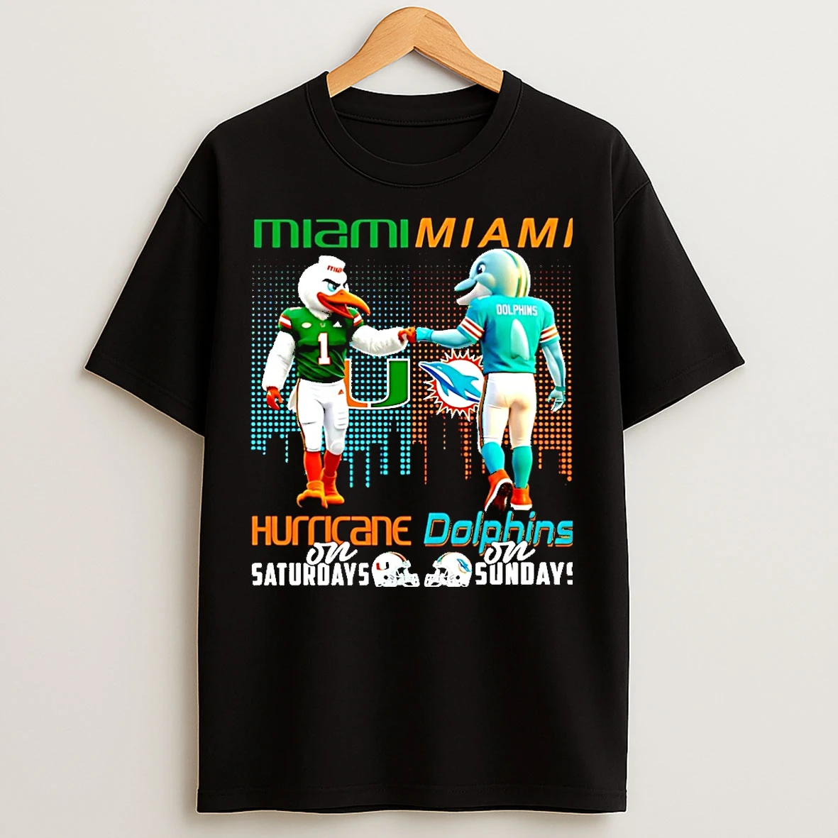 Classic Miami Hurricanes On Saturdays Vs Miami Dolphins On Sundays Mascot Skyline Christmas T Shirts
