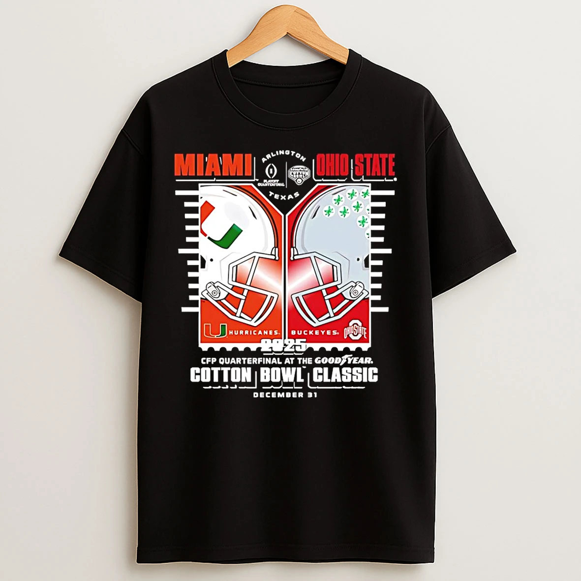 Classic Miami Hurricanes Vs Ohio State Buckeyes 2025 Cotton Bowl Helmet Matchup T Shirts