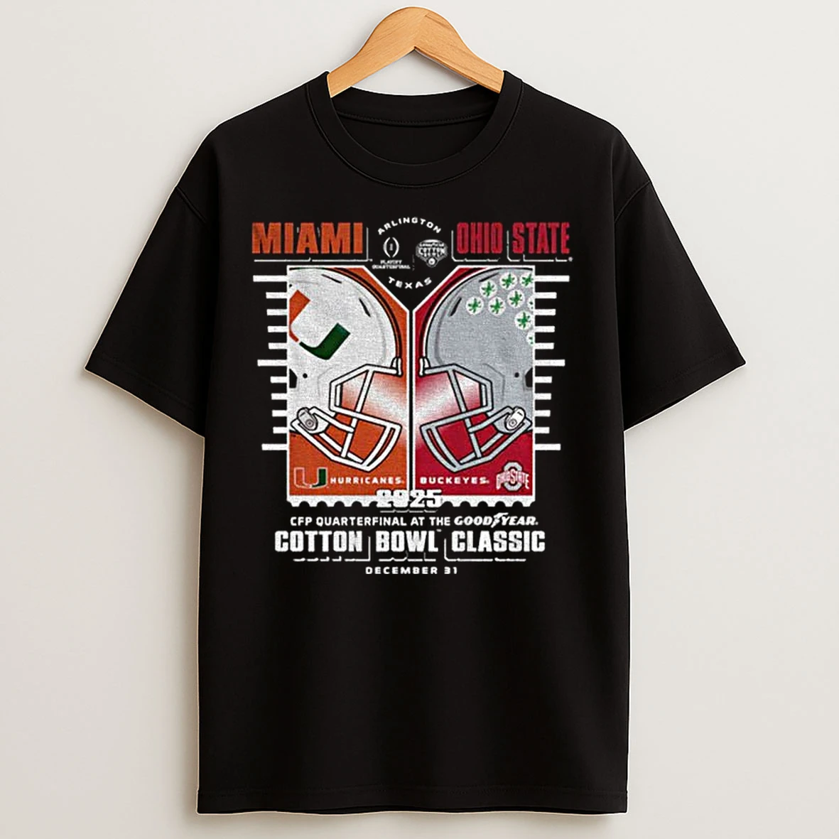 Classic Miami Hurricanes Vs Ohio State Buckeyes 2025 Cotton Bowl Classic Helmet Matchup T Shirts