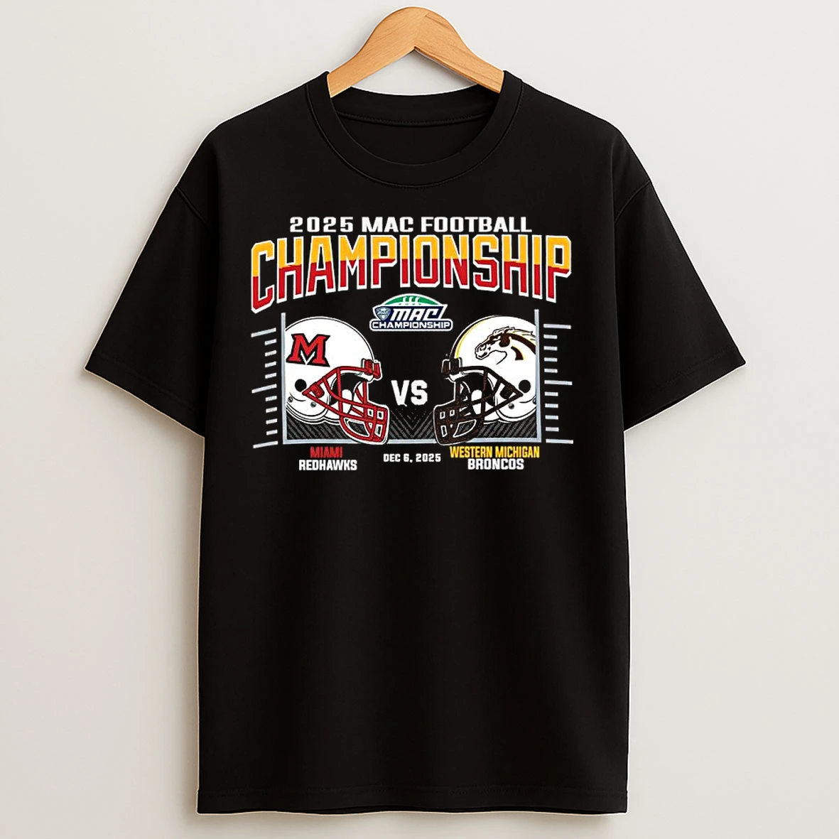Classic Miami Redhawks Vs Western Michigan Broncos 2025 Mac Football Championship Matchup T Shirts